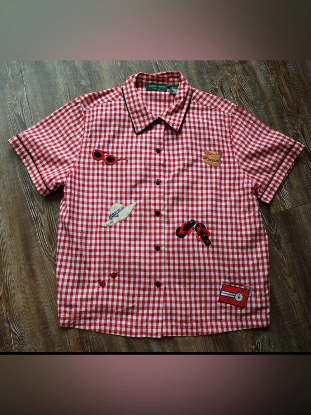 Red Gingham Picnic Novelty Applique Rockabilly Blouse Top Womens Large - Picture 1 of 16